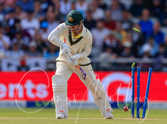 David Warner of Australia is clean bowled.